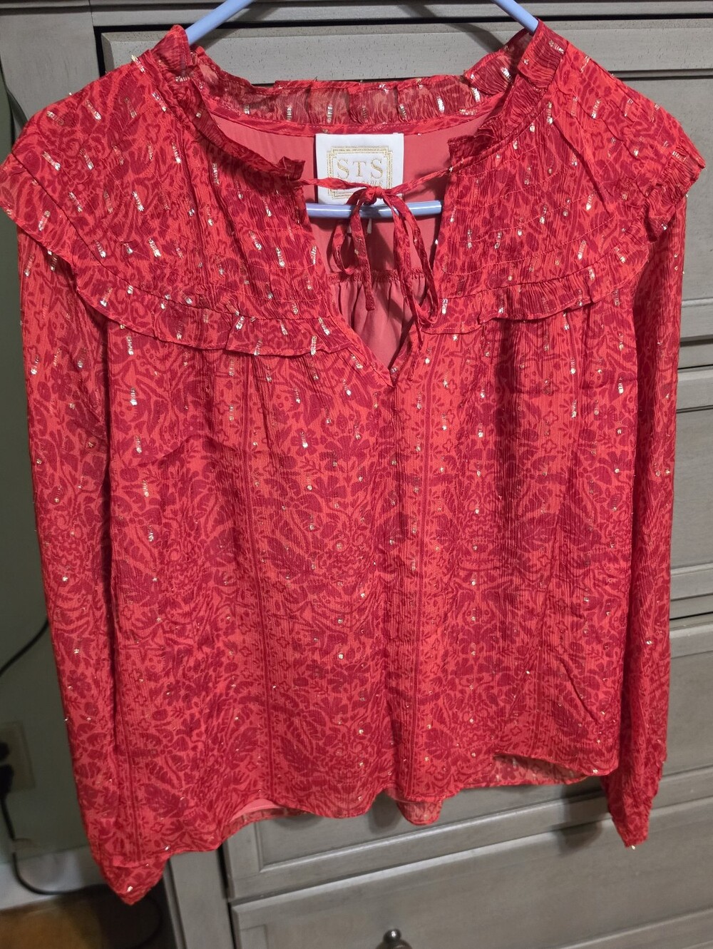 Sail to Sable Red Floral Metallic-Accented Ruffle Neck Blouse